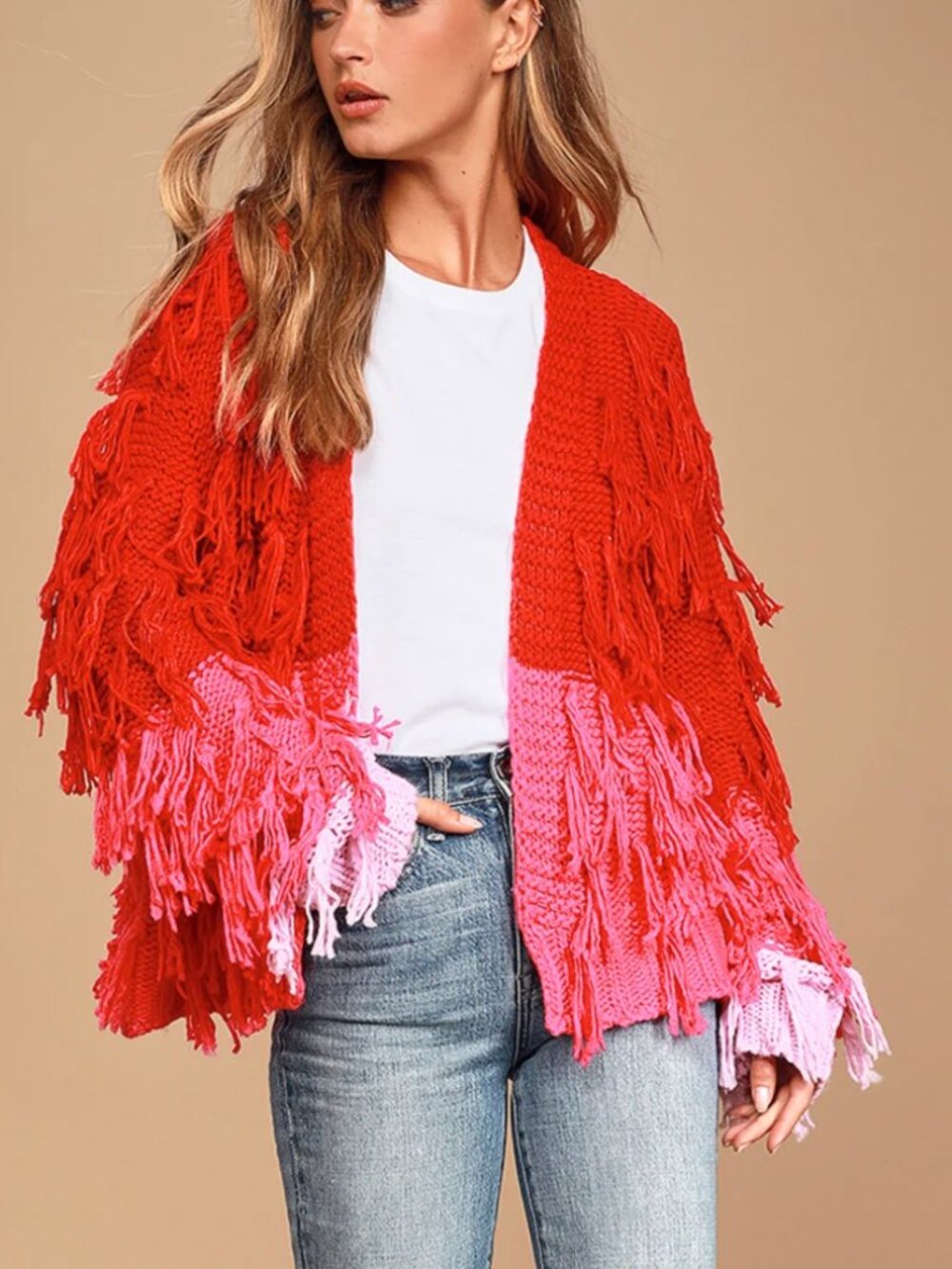 Lulus Playful Love Red and Pink Colorblock Fringe Knit Cardigan